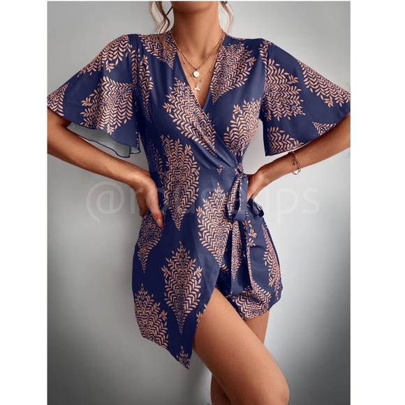 Rouge! Pants - Navy Blue Purple Leaf Print Short Wrap Romper V-Neck Side Tie Butterfly Sleeve